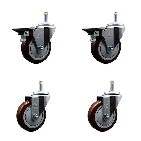 Service Caster 4'' Maroon Poly Wheel Swivel 7/16'' Grip Ring Stem Caster Set 2 Brakes, 4PK SCC-GR20S414-PPUB-MRN-PLB-716138-2S2